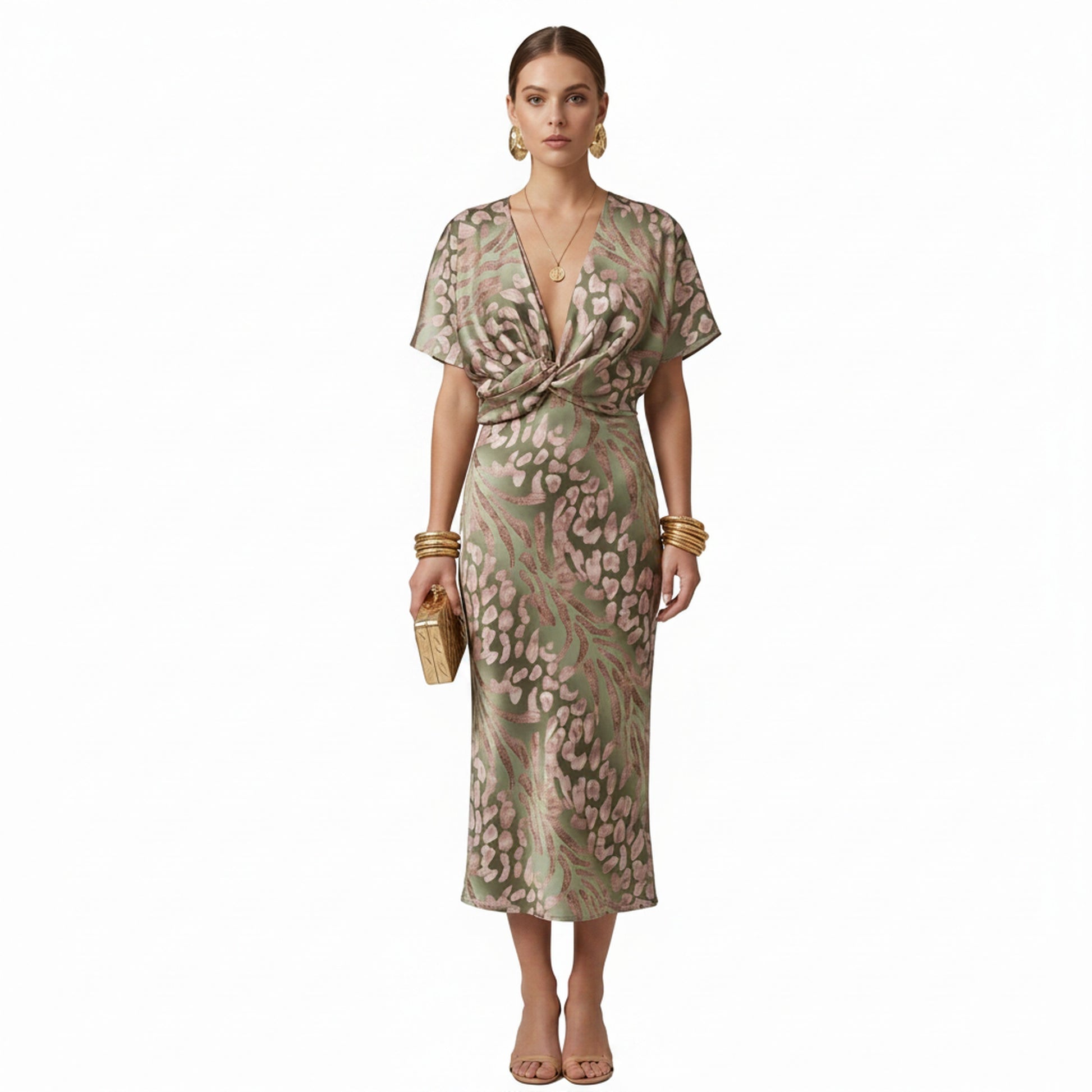 Femme Robe Midi à Manches Courtes avec Col en V et Nœud Frontal Imprimée