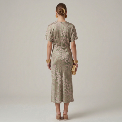 Femme Robe Midi à Manches Courtes avec Col en V et Nœud Frontal Imprimée