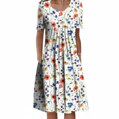 Femme Robe Midi à Manches Courtes avec Col Rond et Imprimé Fleuri