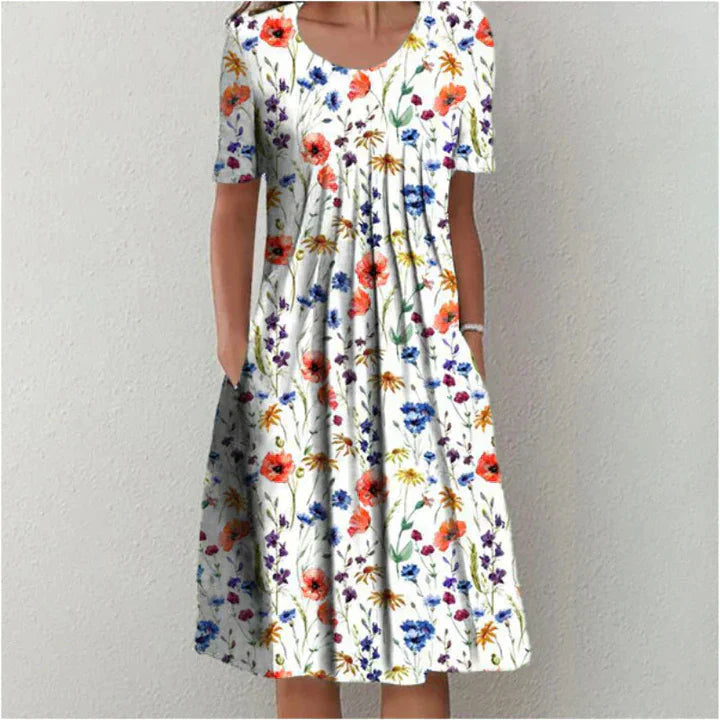 Femme Robe Midi à Manches Courtes avec Col Rond et Imprimé Fleuri
