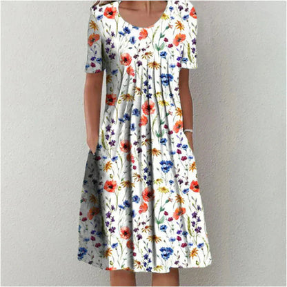 Femme Robe Midi à Manches Courtes avec Col Rond et Imprimé Fleuri