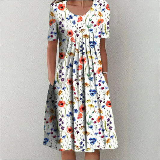 Femme Robe Midi à Manches Courtes avec Col Rond et Imprimé Fleuri