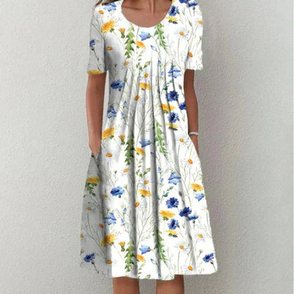 Femme Robe Midi à Manches Courtes avec Col Rond et Imprimé Fleuri