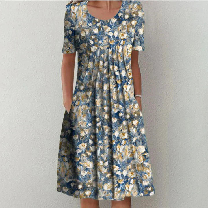 Femme Robe Midi à Manches Courtes avec Col Rond et Imprimé Fleuri