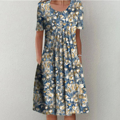 Femme Robe Midi à Manches Courtes avec Col Rond et Imprimé Fleuri