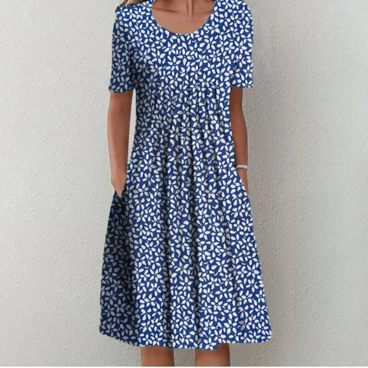 Femme Robe Midi à Manches Courtes avec Col Rond et Imprimé Fleuri