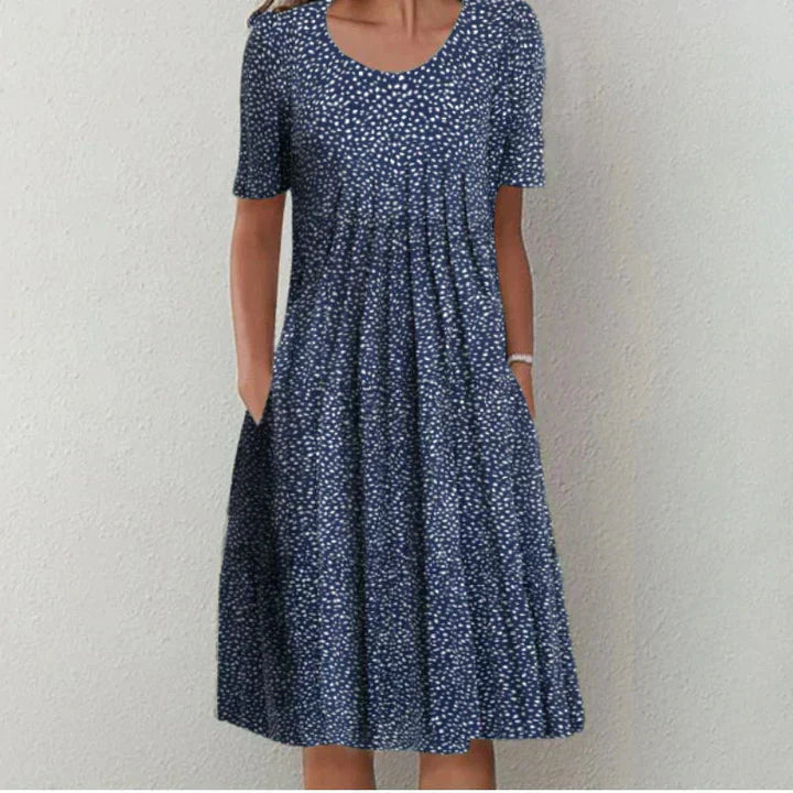 Femme Robe Midi à Manches Courtes avec Col Rond et Imprimé Fleuri
