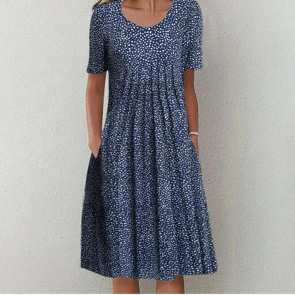 Femme Robe Midi à Manches Courtes avec Col Rond et Imprimé Fleuri