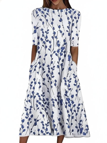 Femme Robe Midi à Manches Courtes avec Imprimé Botanique et Poches
