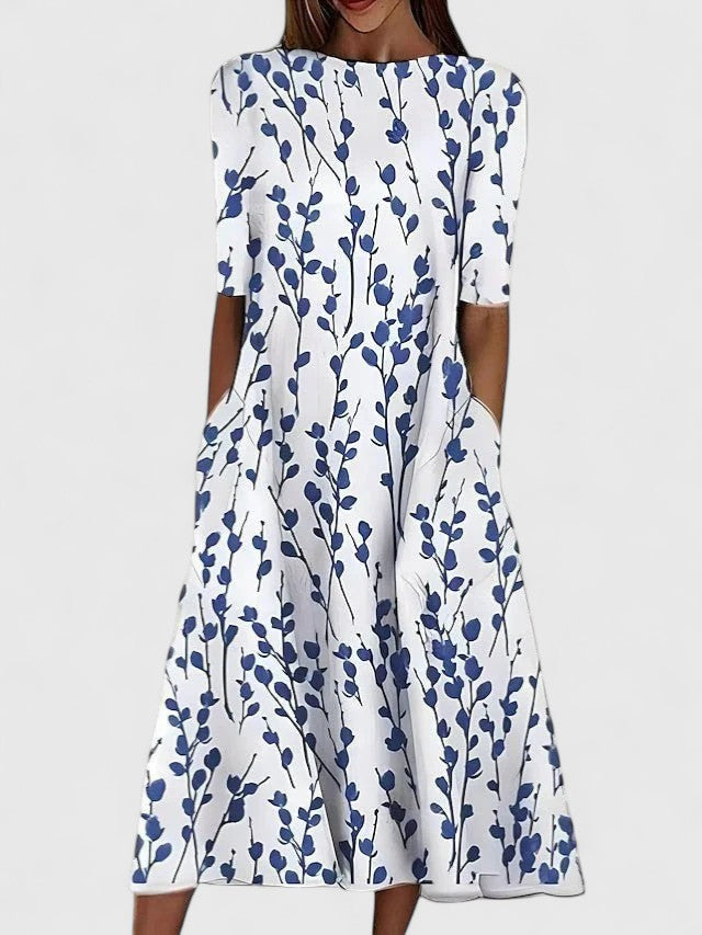 Femme Robe Midi à Manches Courtes avec Imprimé Botanique et Poches