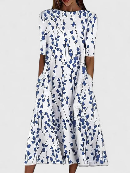 Femme Robe Midi à Manches Courtes avec Imprimé Botanique et Poches