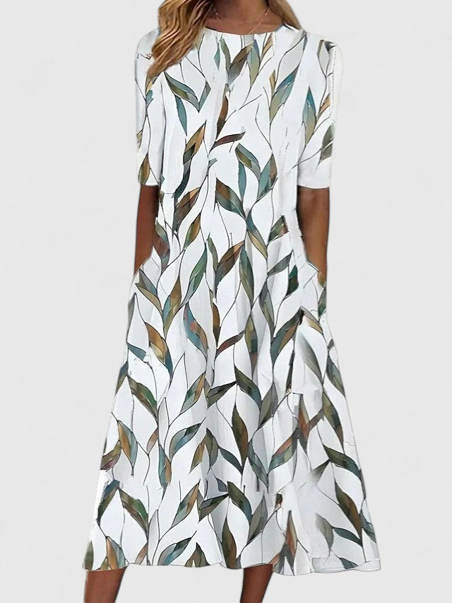 Femme Robe Midi à Manches Courtes avec Imprimé Botanique et Poches