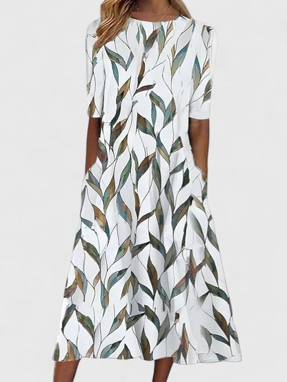 Femme Robe Midi à Manches Courtes avec Imprimé Botanique et Poches