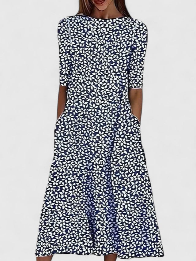 Femme Robe Midi à Manches Courtes avec Imprimé Botanique et Poches