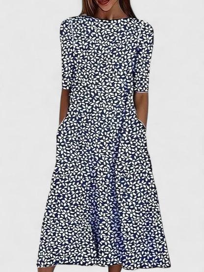 Femme Robe Midi à Manches Courtes avec Imprimé Botanique et Poches