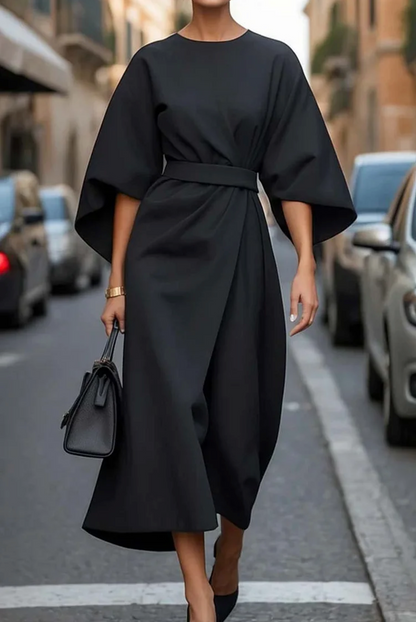 Femme Robe Midi à Manches Kimono Évasées avec Ceinture et Col Rond