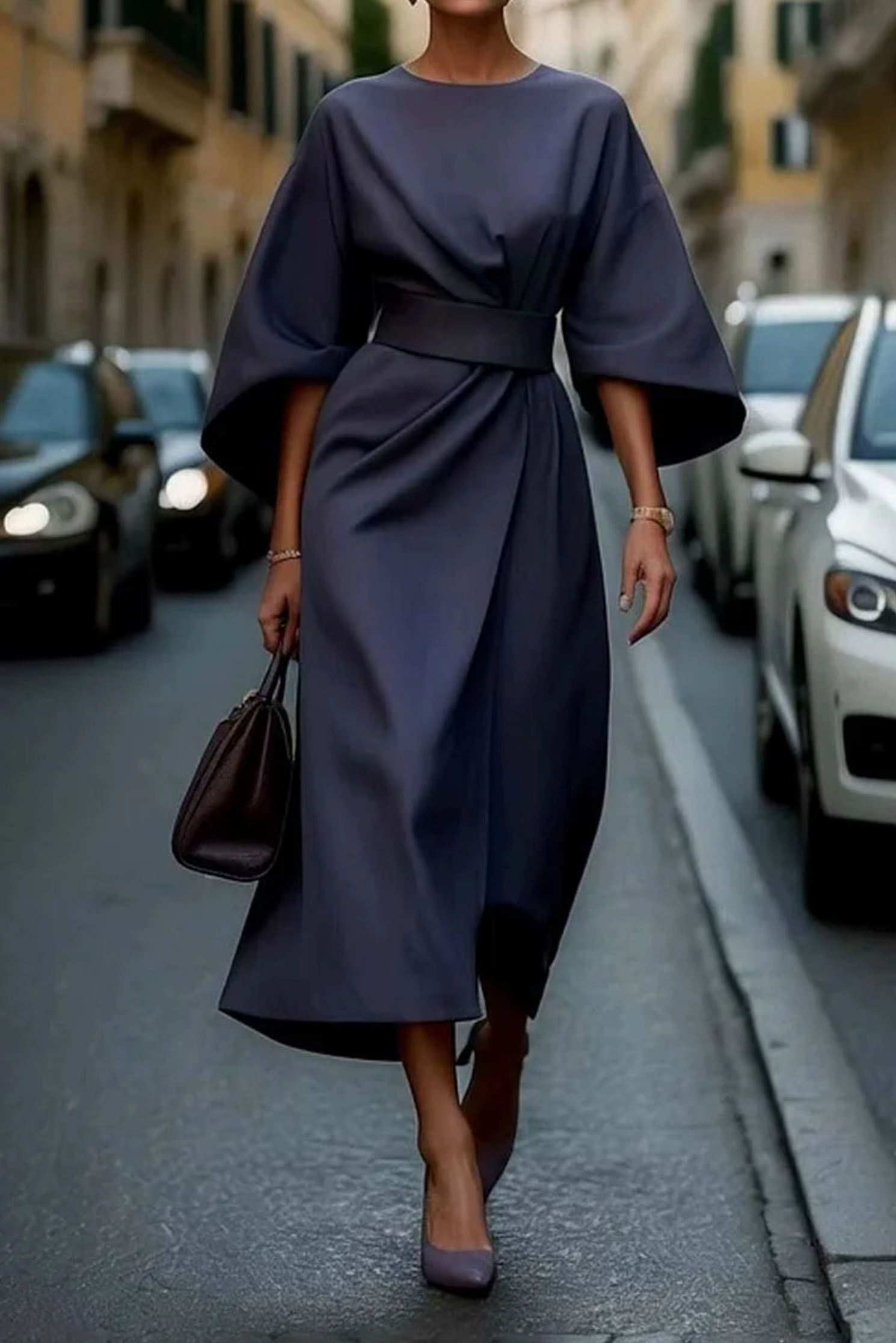 Femme Robe Midi à Manches Kimono Évasées avec Ceinture et Col Rond