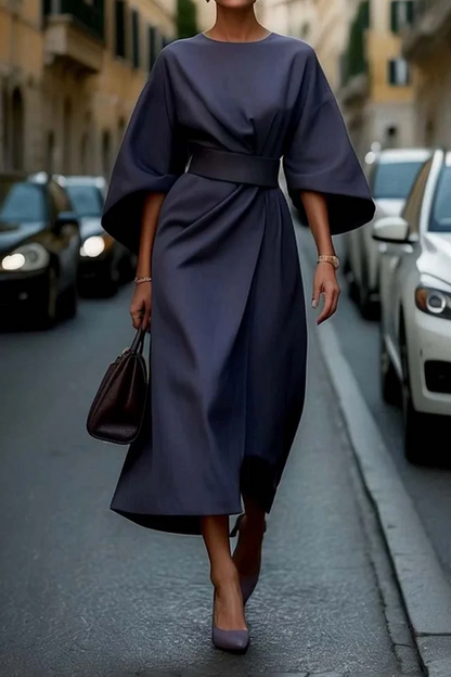 Femme Robe Midi à Manches Kimono Évasées avec Ceinture et Col Rond