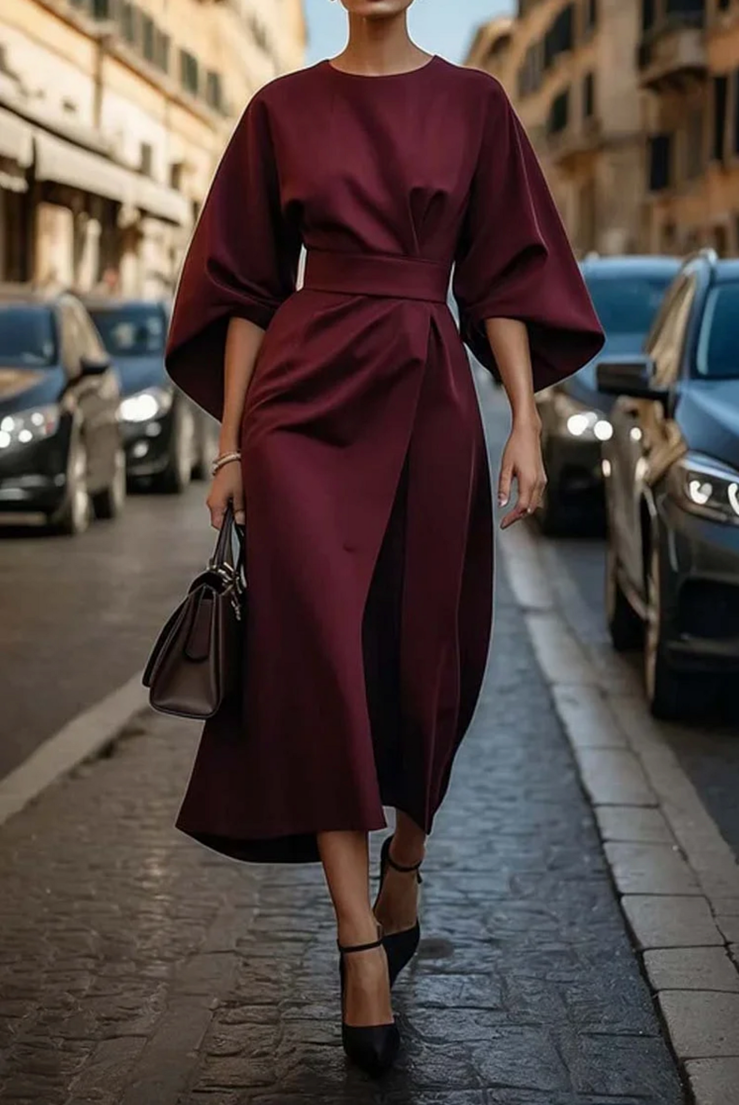 Femme Robe Midi à Manches Kimono Évasées avec Ceinture et Col Rond