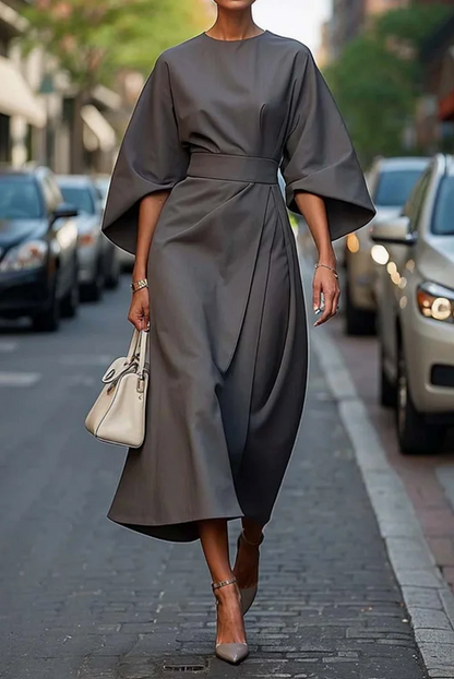 Femme Robe Midi à Manches Kimono Évasées avec Ceinture et Col Rond