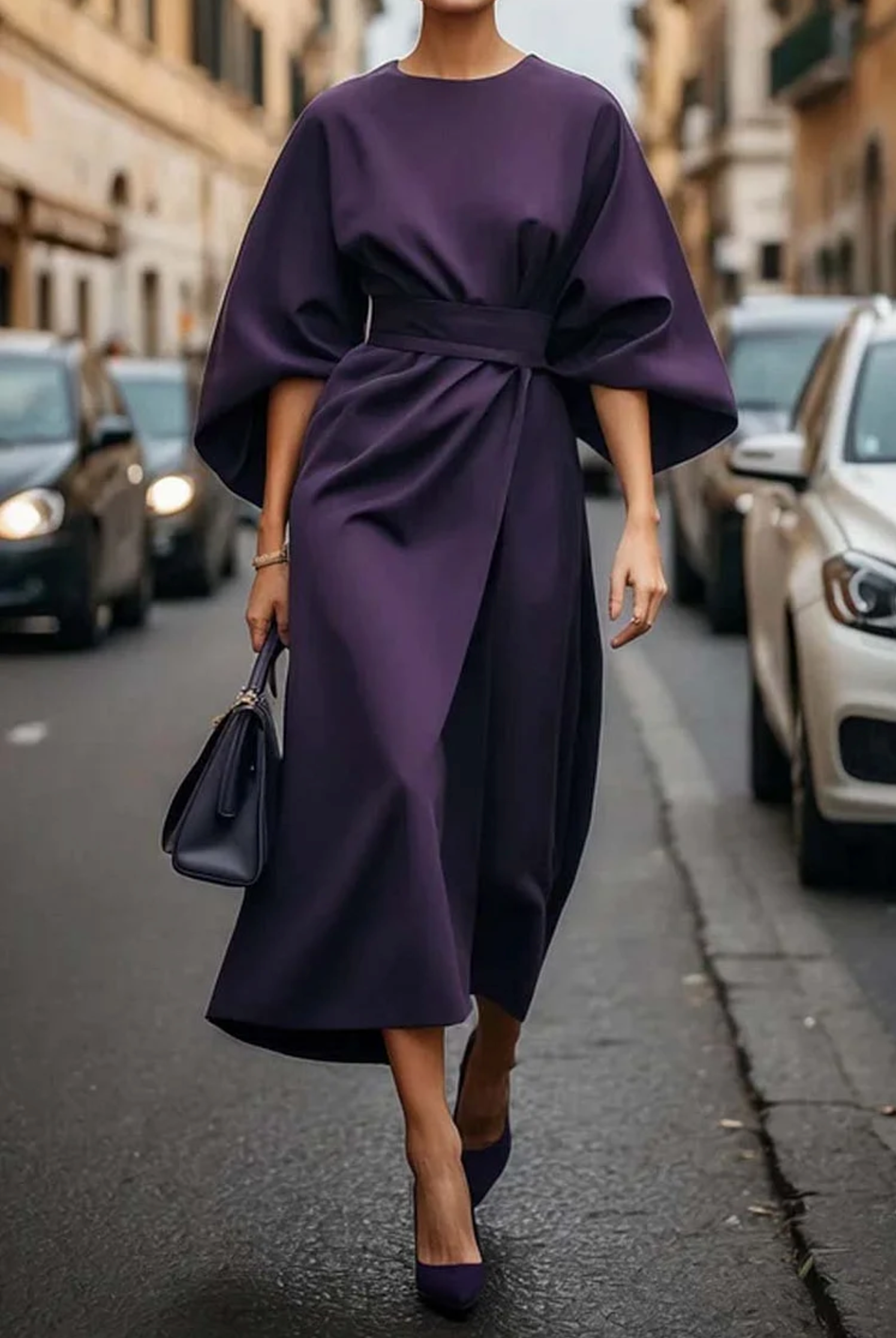 Femme Robe Midi à Manches Kimono Évasées avec Ceinture et Col Rond