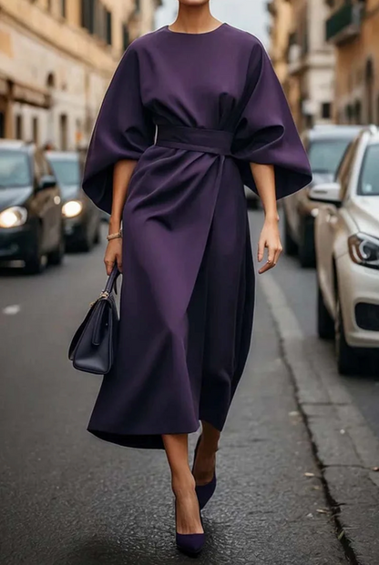 Femme Robe Midi à Manches Kimono Évasées avec Ceinture et Col Rond