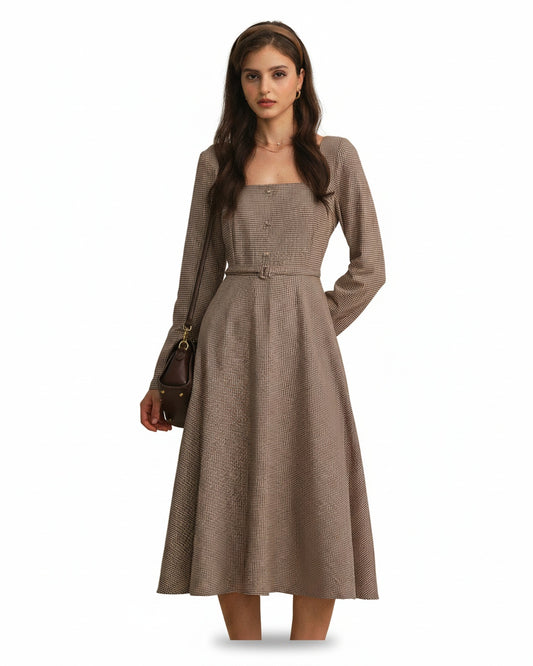 Femme Robe Midi à Manches Longues avec Col Carré, Ceinture et Motif Vichy A-Line