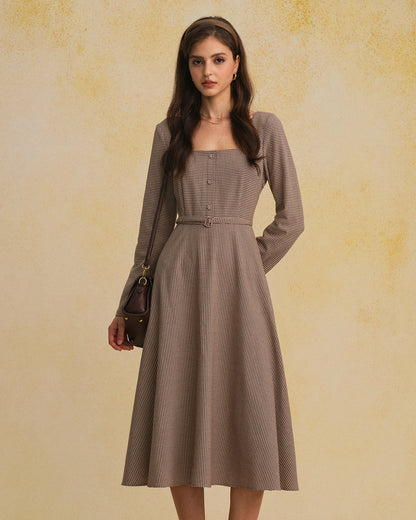 Femme Robe Midi à Manches Longues avec Col Carré, Ceinture et Motif Vichy A-Line