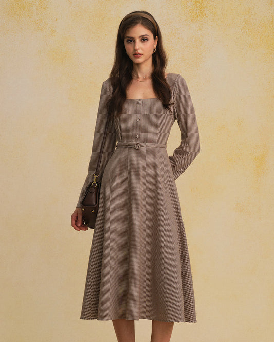 Femme Robe Midi à Manches Longues avec Col Carré, Ceinture et Motif Vichy A-Line