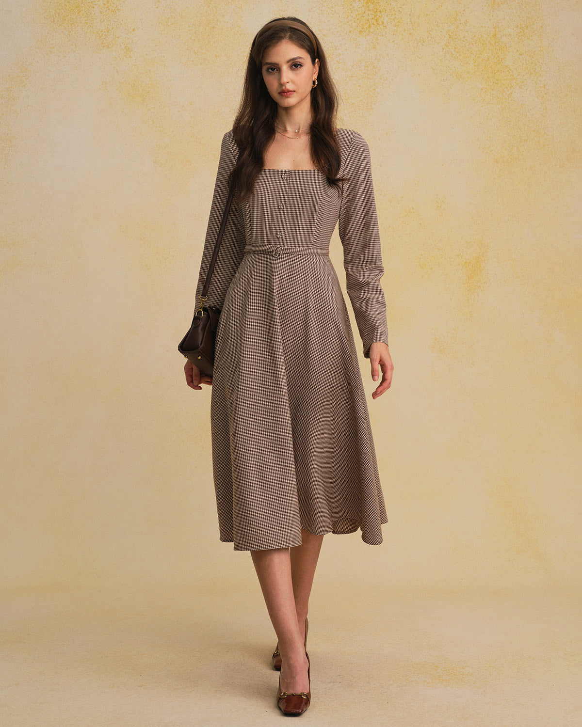 Femme Robe Midi à Manches Longues avec Col Carré, Ceinture et Motif Vichy A-Line