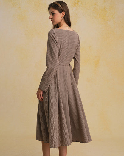 Femme Robe Midi à Manches Longues avec Col Carré, Ceinture et Motif Vichy A-Line