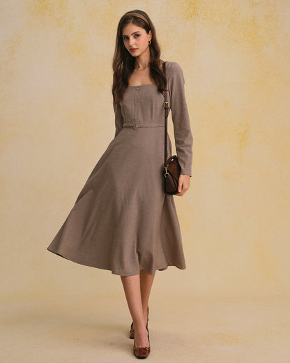 Femme Robe Midi à Manches Longues avec Col Carré, Ceinture et Motif Vichy A-Line