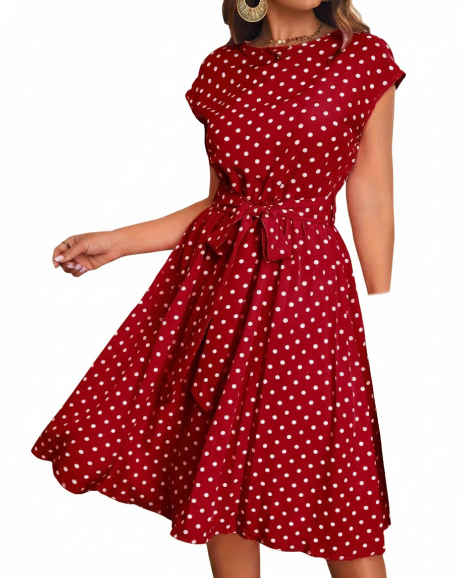 Femme Robe Midi à Pois Manches Courtes avec Ceinture Nœud et Jupe Évasée