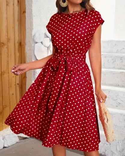 Femme Robe Midi à Pois Manches Courtes avec Ceinture Nœud et Jupe Évasée