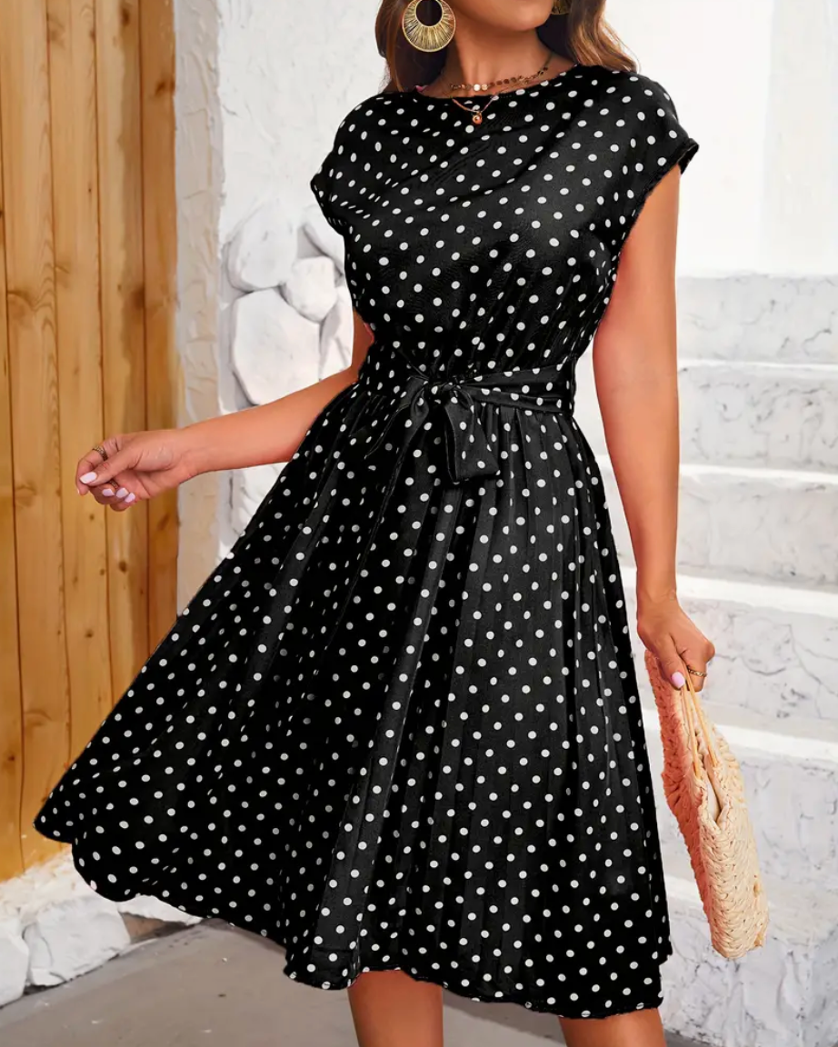 Femme Robe Midi à Pois Manches Courtes avec Ceinture Nœud et Jupe Évasée