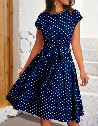 Femme Robe Midi à Pois Manches Courtes avec Ceinture Nœud et Jupe Évasée