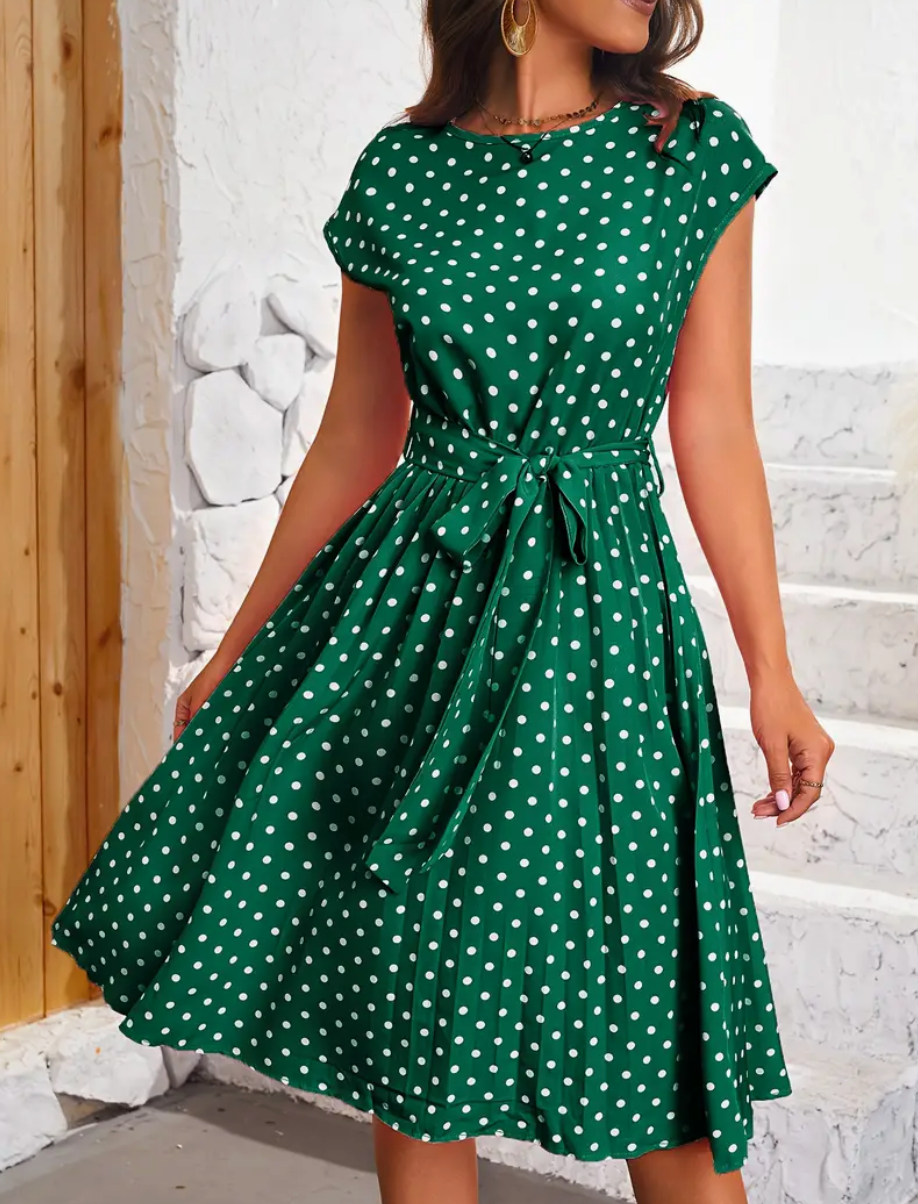 Femme Robe Midi à Pois Manches Courtes avec Ceinture Nœud et Jupe Évasée