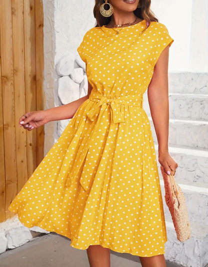 Femme Robe Midi à Pois Manches Courtes avec Ceinture Nœud et Jupe Évasée