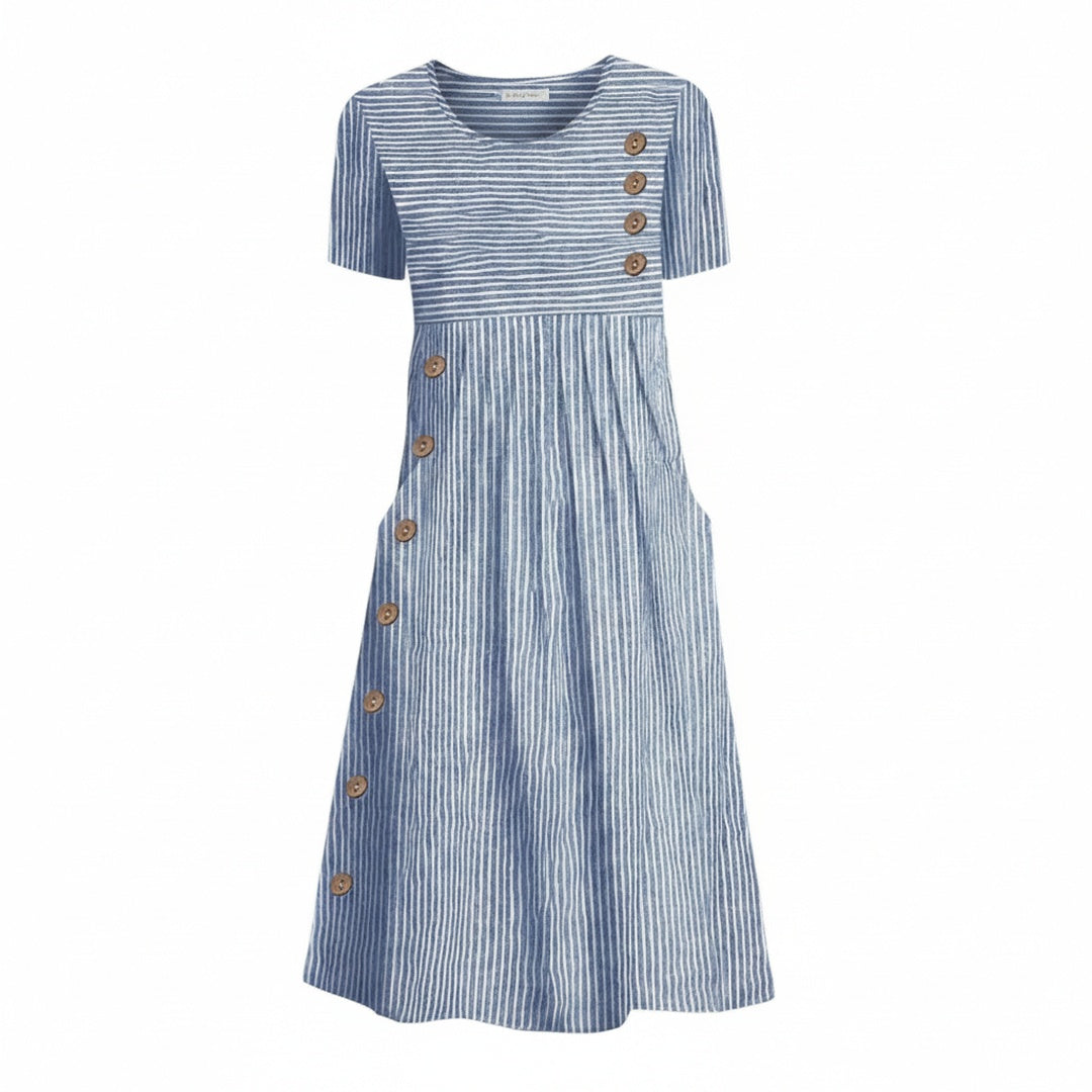 Femme Robe Midi à Rayures Manches Courtes col Rond avec Boutons et Poches