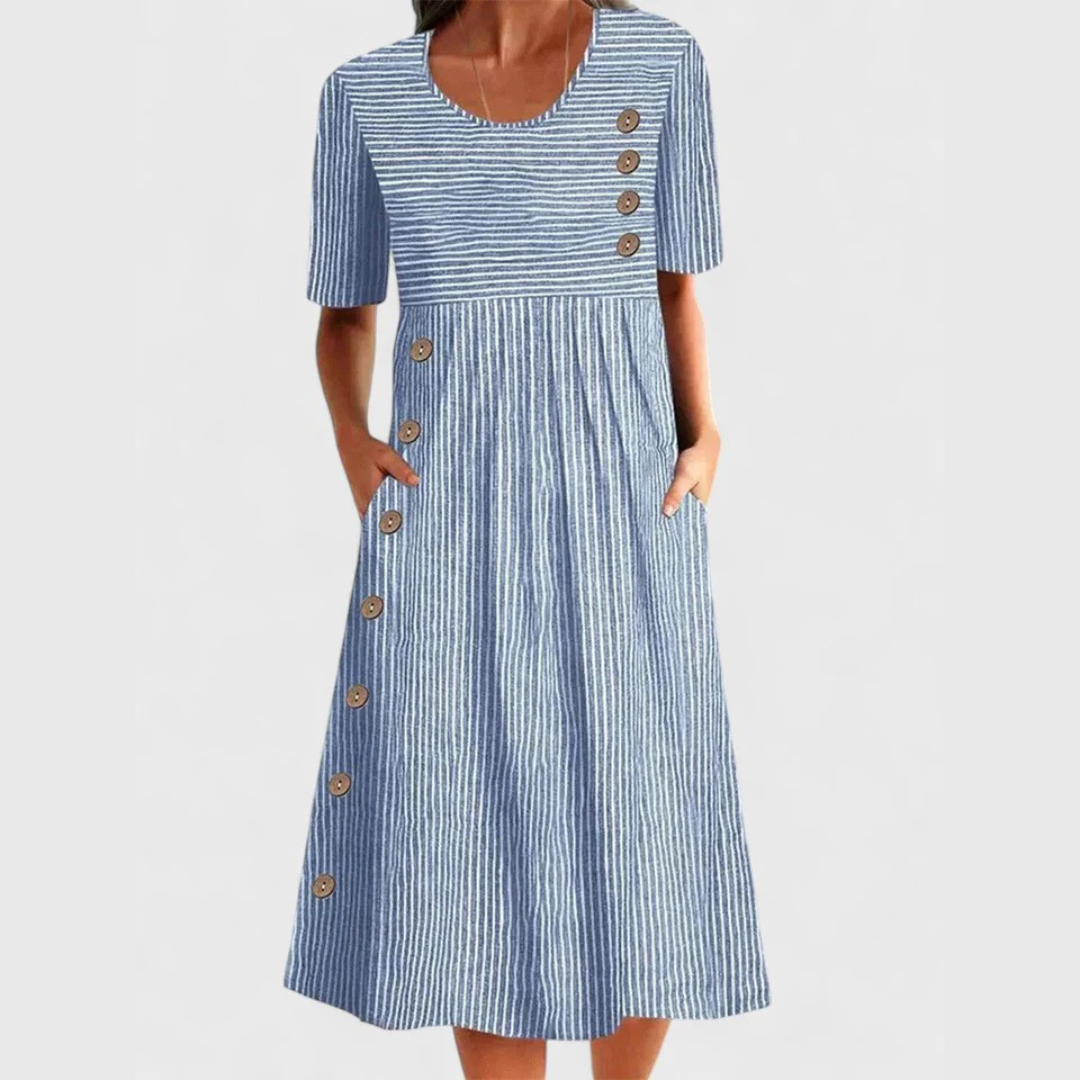 Femme Robe Midi à Rayures Manches Courtes col Rond avec Boutons et Poches