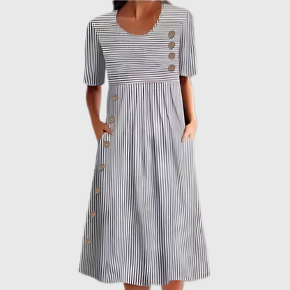 Femme Robe Midi à Rayures Manches Courtes col Rond avec Boutons et Poches