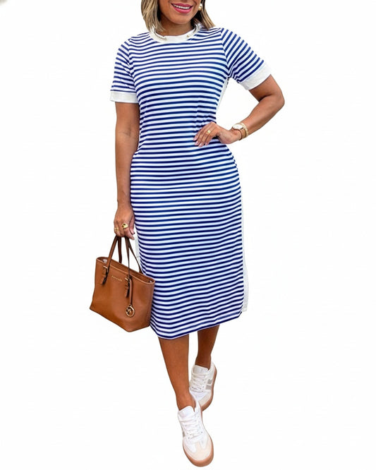 Femme Robe Midi à Rayures Manches Courtes Col Rond avec Poches et Fente Latérale