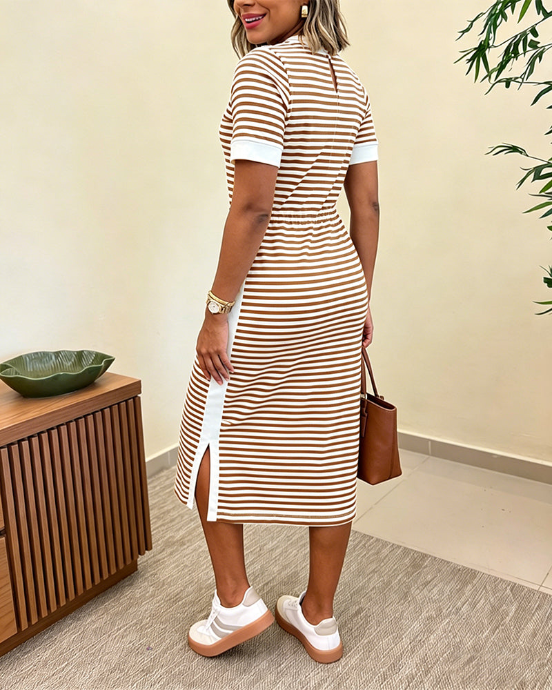 Femme Robe Midi à Rayures Manches Courtes Col Rond avec Poches et Fente Latérale