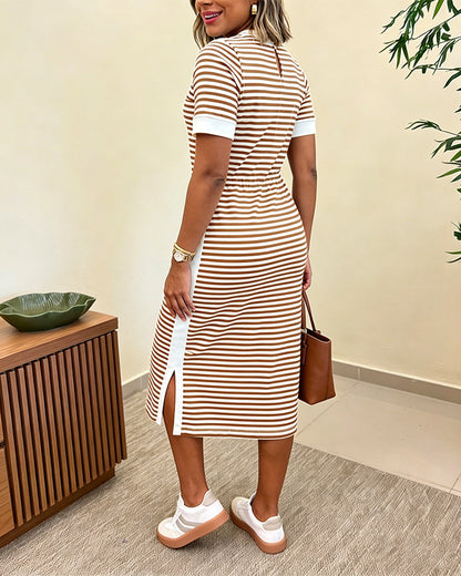 Femme Robe Midi à Rayures Manches Courtes Col Rond avec Poches et Fente Latérale