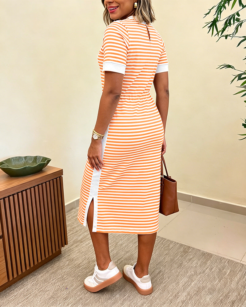 Femme Robe Midi à Rayures Manches Courtes Col Rond avec Poches et Fente Latérale