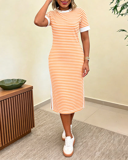Femme Robe Midi à Rayures Manches Courtes Col Rond avec Poches et Fente Latérale