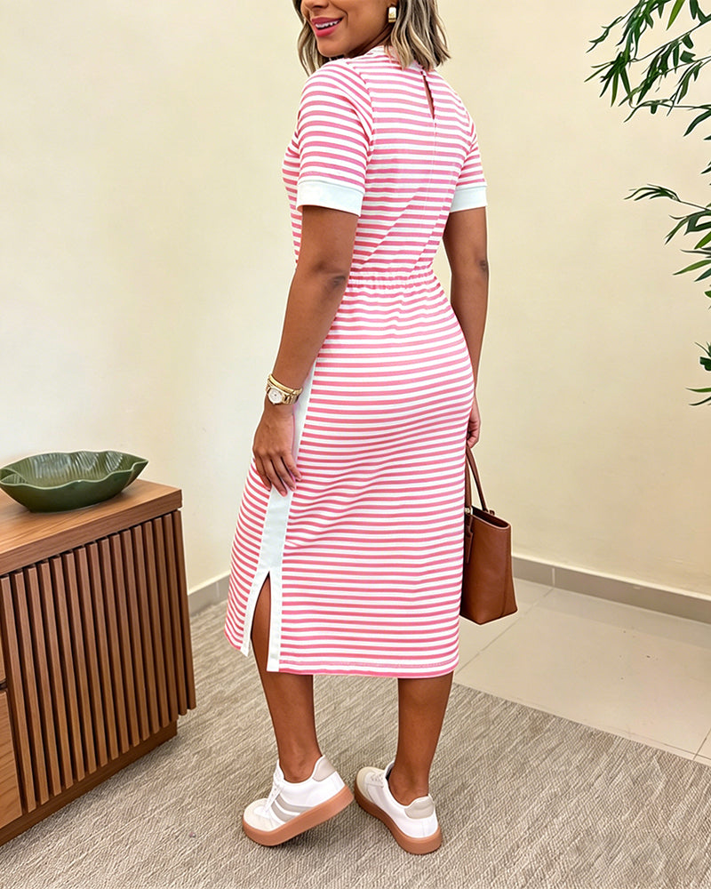 Femme Robe Midi à Rayures Manches Courtes Col Rond avec Poches et Fente Latérale