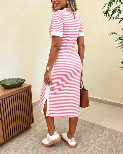 Femme Robe Midi à Rayures Manches Courtes Col Rond avec Poches et Fente Latérale