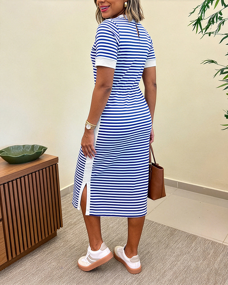 Femme Robe Midi à Rayures Manches Courtes Col Rond avec Poches et Fente Latérale