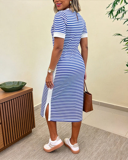 Femme Robe Midi à Rayures Manches Courtes Col Rond avec Poches et Fente Latérale
